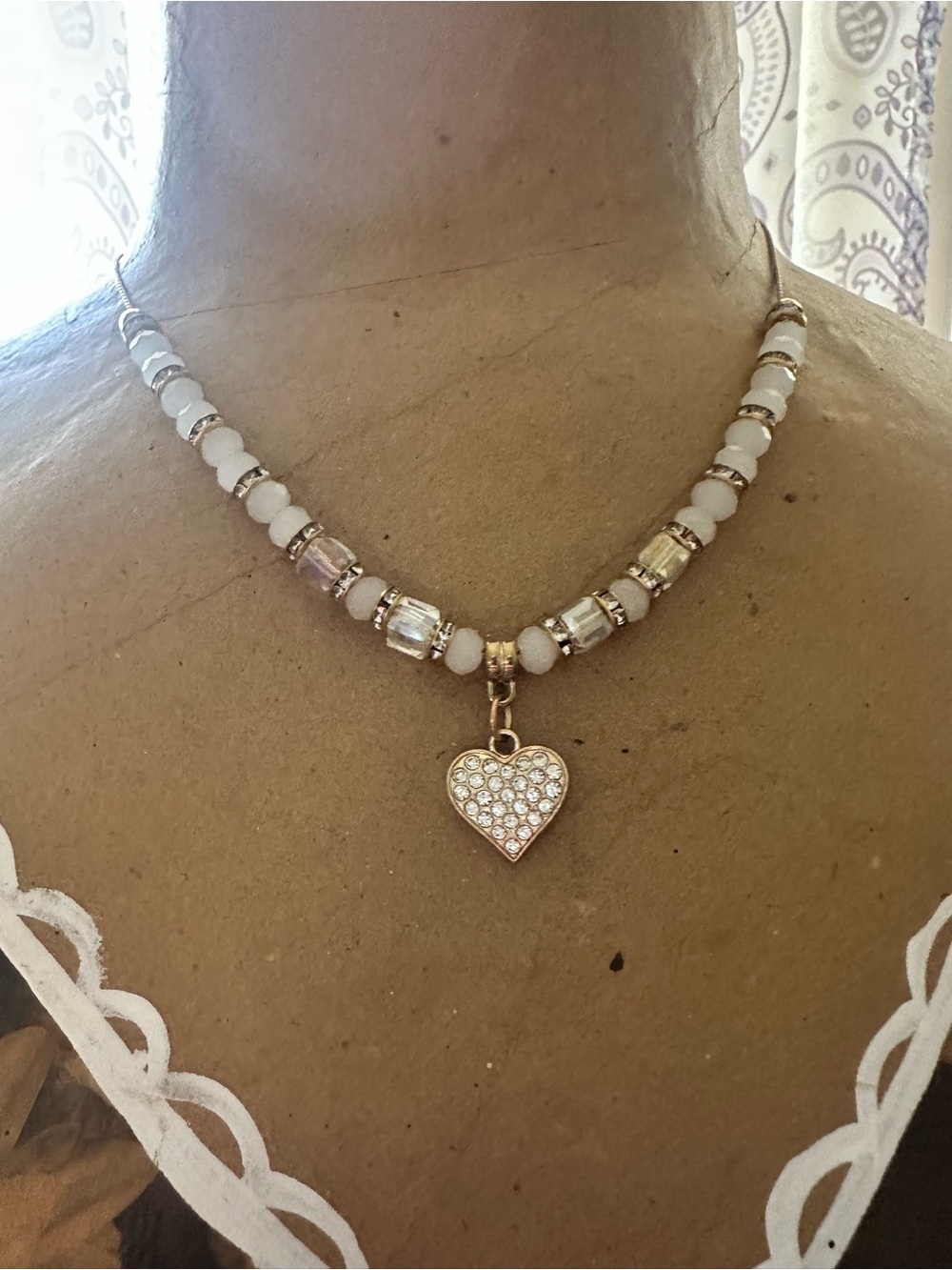 Rose Gold Heart Pendant Necklace with White Beads